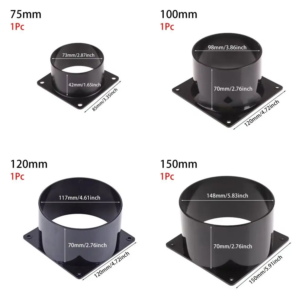 1Pcs 75/100/120/150mm Flange Connector Pipe Fitting Square Bottom Air Inlet And Outlet ABS Black Air Ducting Connection Flange