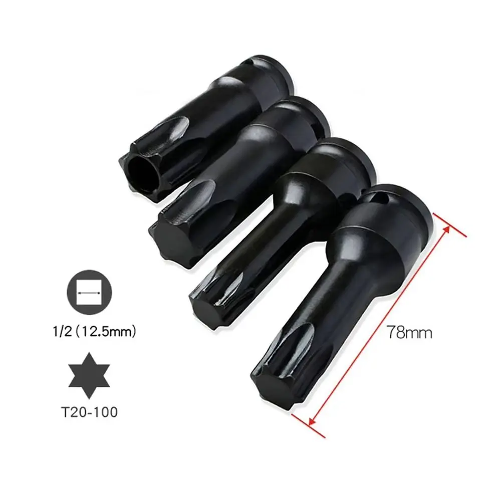 1Pcs Metric 1/2 Inch Shank Electric Drill Socket Adapter 78mm Length Cr-Mo Steel Torx Socket Long Bit T20-T100 Socket Wrench