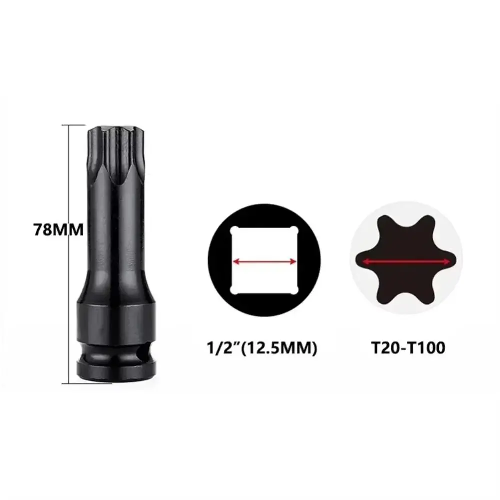 1Pcs Metric 1/2 Inch Shank Electric Drill Socket Adapter 78mm Length Cr-Mo Steel Torx Socket Long Bit T20-T100 Socket Wrench