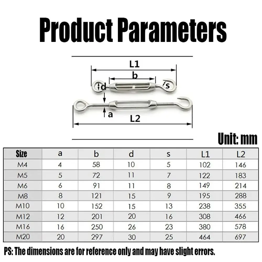 1Pcs Hooks & Eye Turnbuckle Wire Rope Tensioner 304 Stainless Steel Oc Oo Cc Type Tension Device Line M4/M5/M6/M8