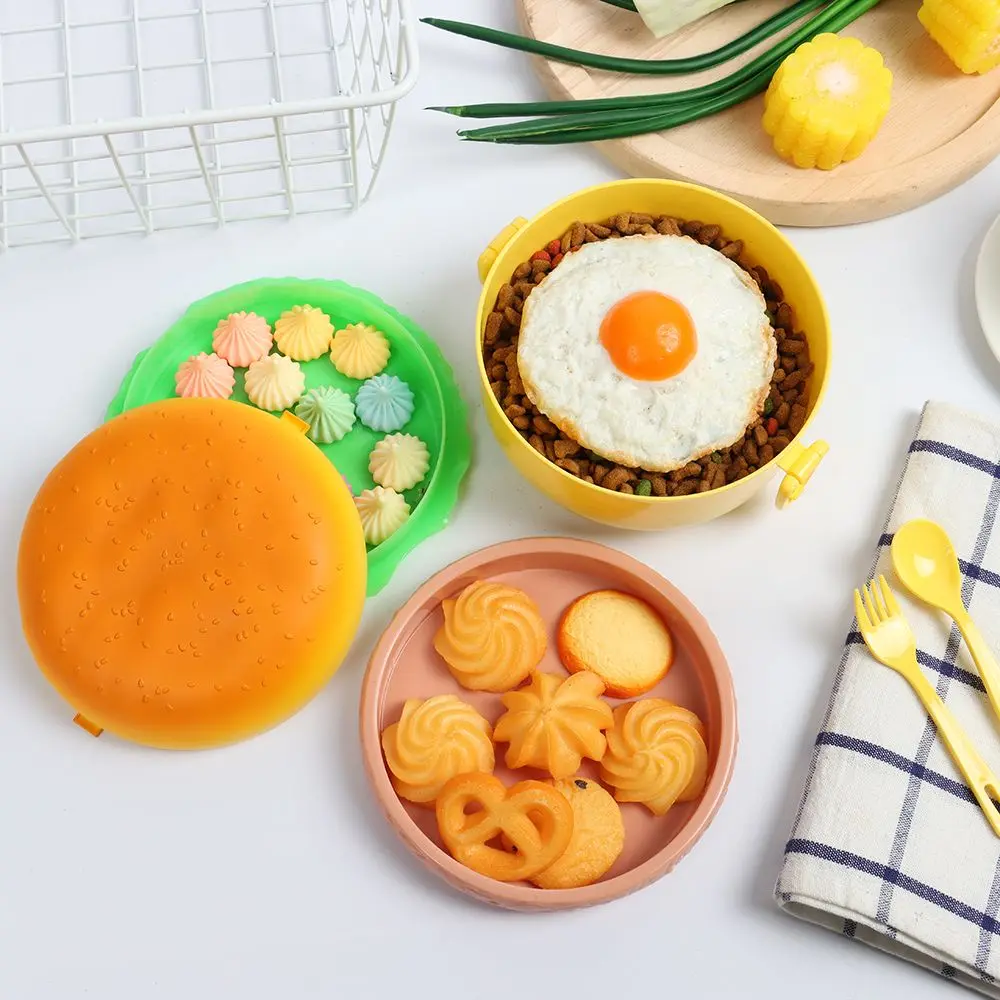 Cute Hamburger Lunch Box Double Tier Burger Bento Lunchbox Children School Food Container Tableware Set with Fork Kitchen Tool