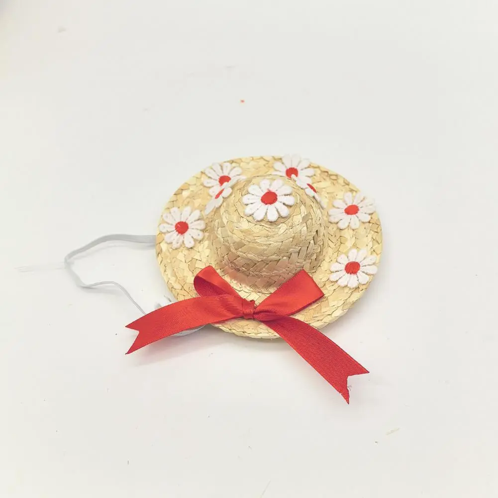 Small Straw Hats for Hand-woven Mini Straw Hats for Dolls Crafts Exquisite Cowboy Hat with Lace Strap Decoration for Pets