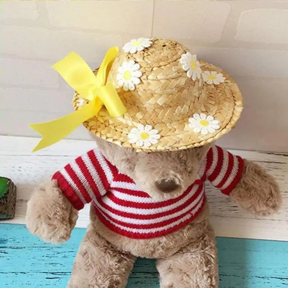 Small Straw Hats for Hand-woven Mini Straw Hats for Dolls Crafts Exquisite Cowboy Hat with Lace Strap Decoration for Pets