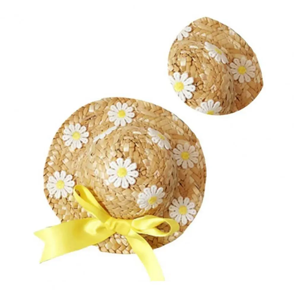 Small Straw Hats for Hand-woven Mini Straw Hats for Dolls Crafts Exquisite Cowboy Hat with Lace Strap Decoration for Pets