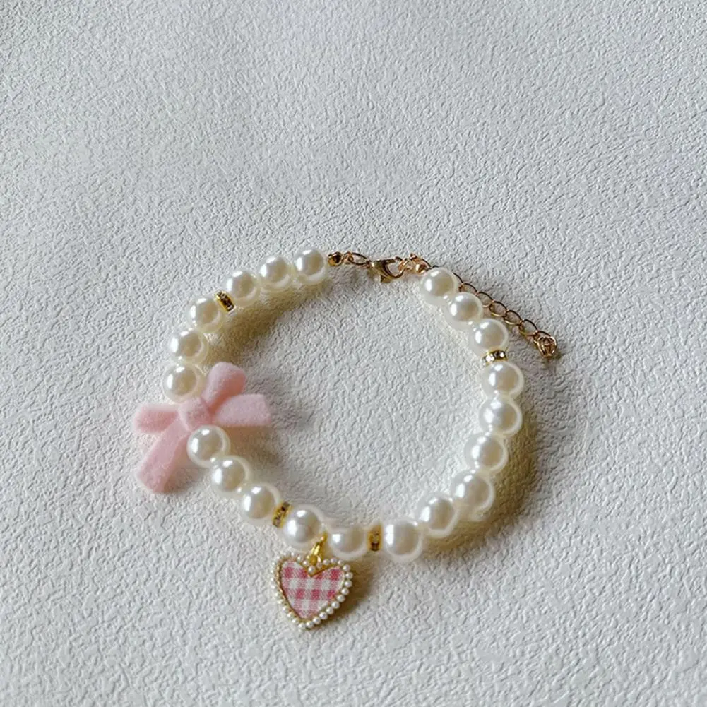 Cat Collar Faux Pearl Pet Collar with Heart Bowknot Charm Imitation Straps Adjustable Dog Collar Jewelry Accessories for Pets