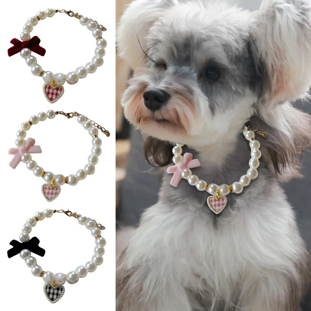 Cat Collar Faux Pearl Pet Collar with Heart Bowknot Charm Imitation Straps Adjustable Dog Collar Jewelry Accessories for Pets