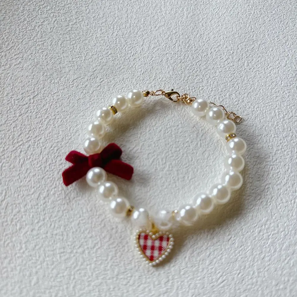 Cat Collar Faux Pearl Pet Collar with Heart Bowknot Charm Imitation Straps Adjustable Dog Collar Jewelry Accessories for Pets