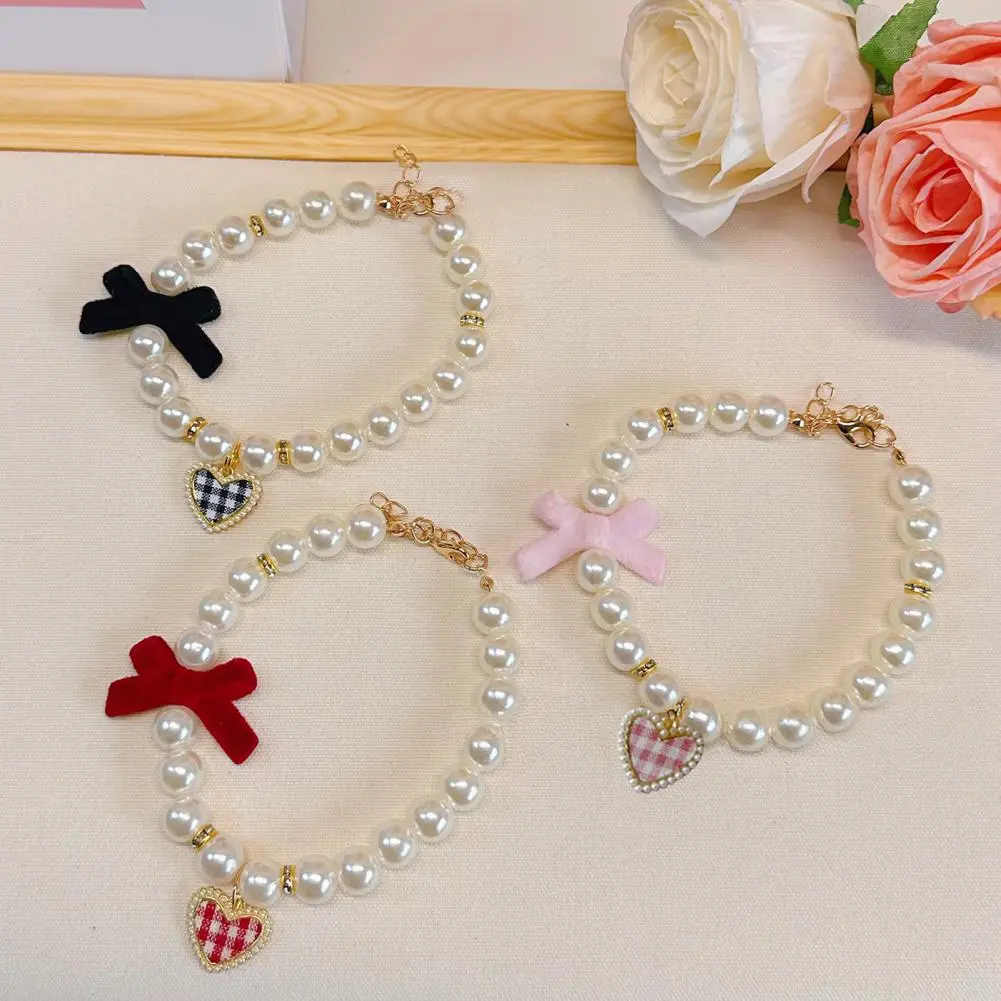 Cat Collar Faux Pearl Pet Collar with Heart Bowknot Charm Imitation Straps Adjustable Dog Collar Jewelry Accessories for Pets