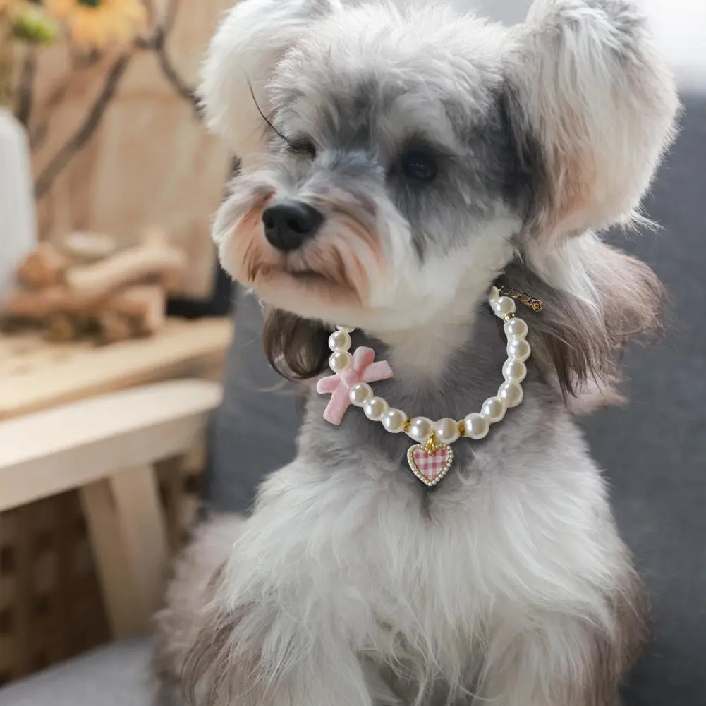 Cat Collar Faux Pearl Pet Collar with Heart Bowknot Charm Imitation Straps Adjustable Dog Collar Jewelry Accessories for Pets