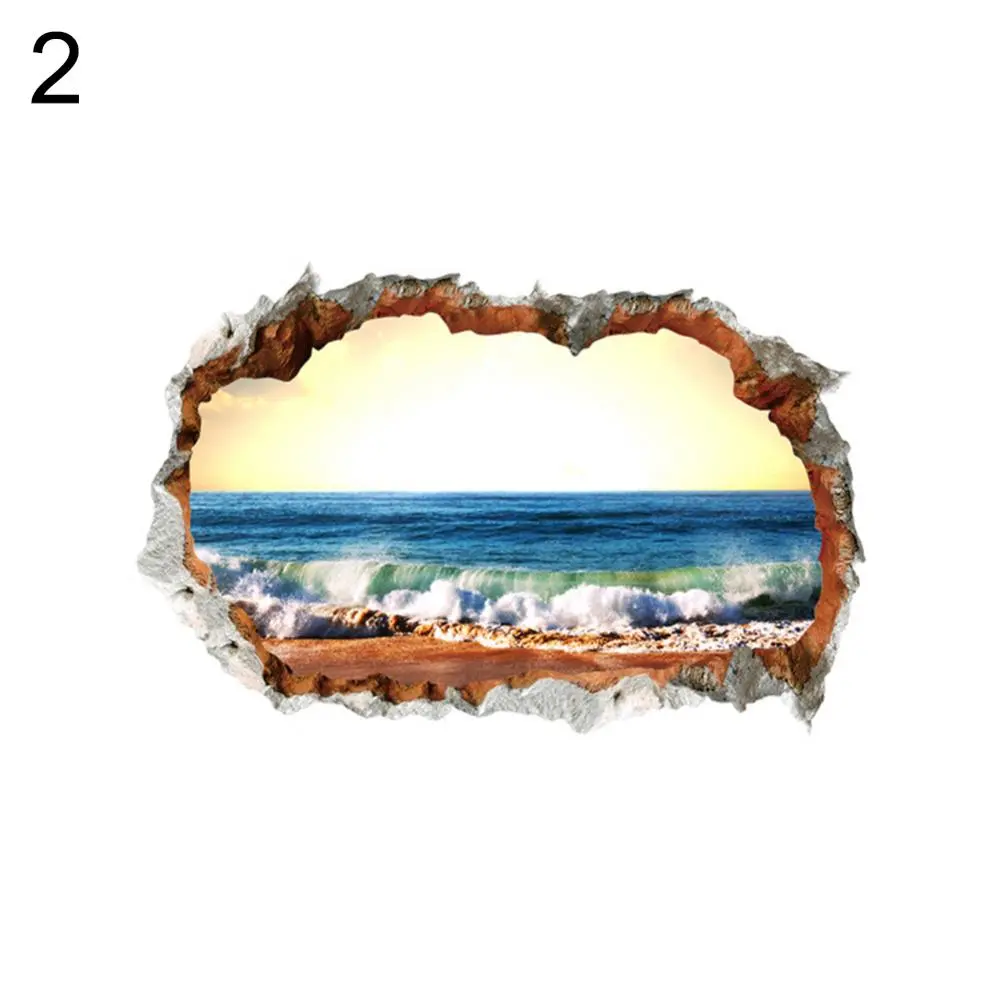 Hot Sale 3D Effect Break Through Wall Sticker Sea Ocean Beach Decal Living Room Decor