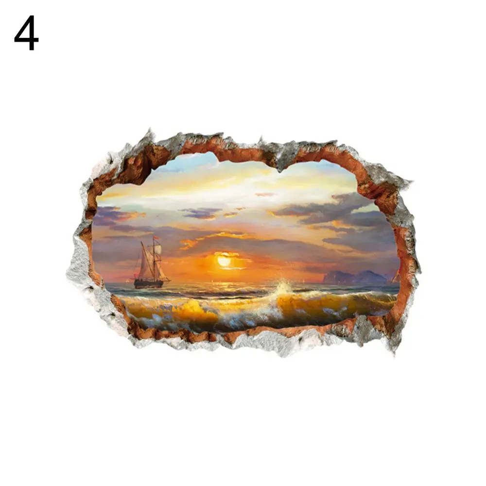Hot Sale 3D Effect Break Through Wall Sticker Sea Ocean Beach Decal Living Room Decor