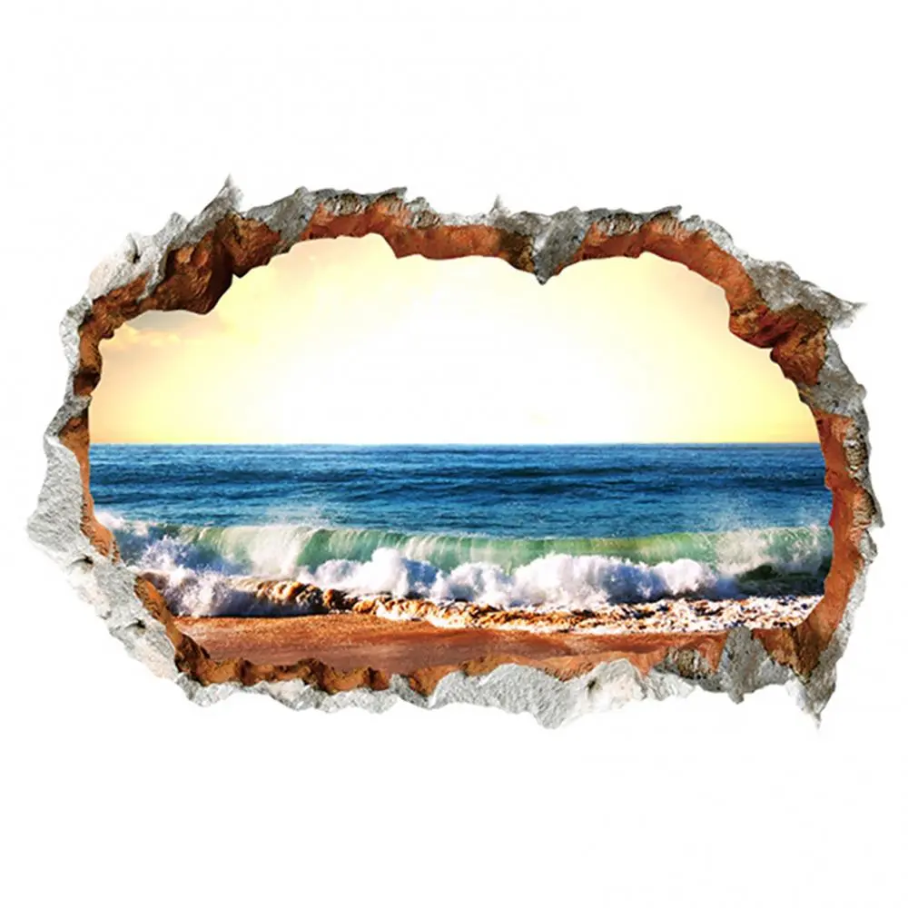 Hot Sale 3D Effect Break Through Wall Sticker Sea Ocean Beach Decal Living Room Decor