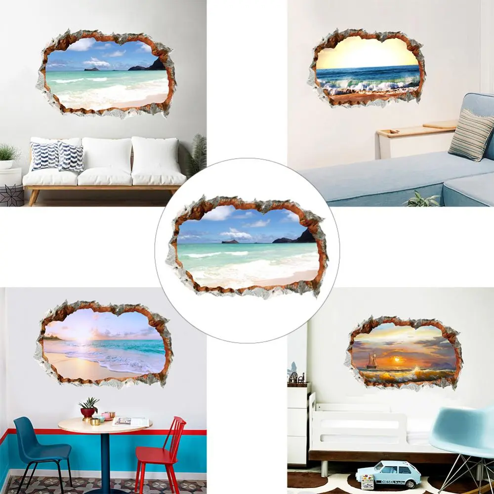 Hot Sale 3D Effect Break Through Wall Sticker Sea Ocean Beach Decal Living Room Decor