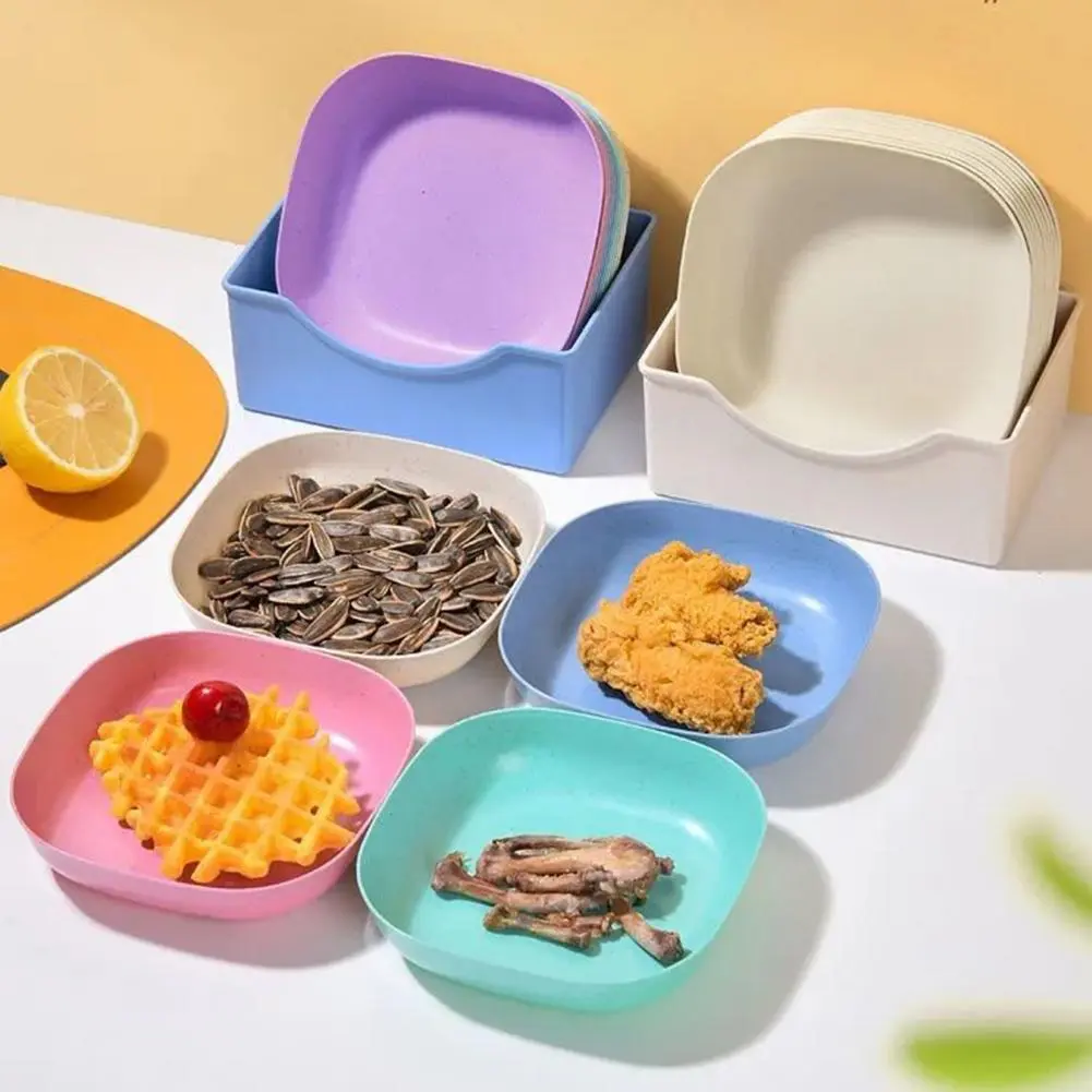 Dried Fruit Snack Plate 10pcs Bone Spitting Plate Set with Stand Simple Straw Macaron Color Snack Tray for Candy Fruit Cookie