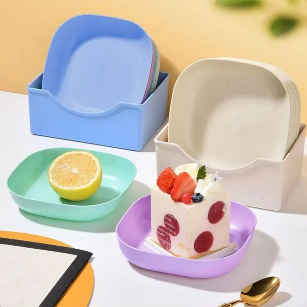 Dried Fruit Snack Plate 10pcs Bone Spitting Plate Set with Stand Simple Straw Macaron Color Snack Tray for Candy Fruit Cookie