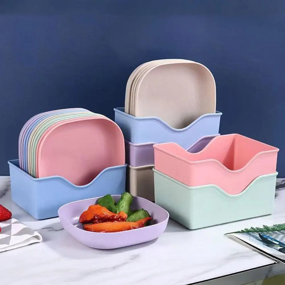 Dried Fruit Snack Plate 10pcs Bone Spitting Plate Set with Stand Simple Straw Macaron Color Snack Tray for Candy Fruit Cookie
