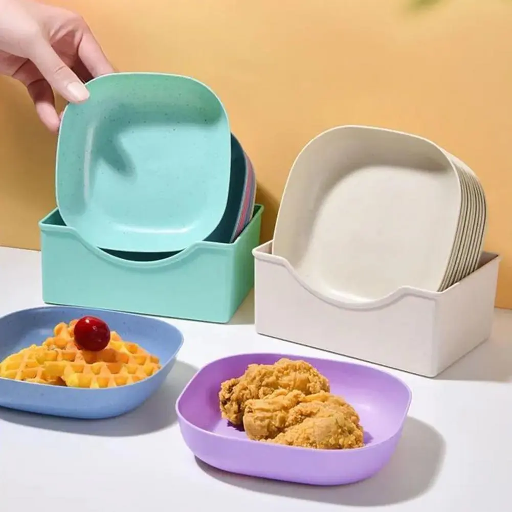 Dried Fruit Snack Plate 10pcs Bone Spitting Plate Set with Stand Simple Straw Macaron Color Snack Tray for Candy Fruit Cookie