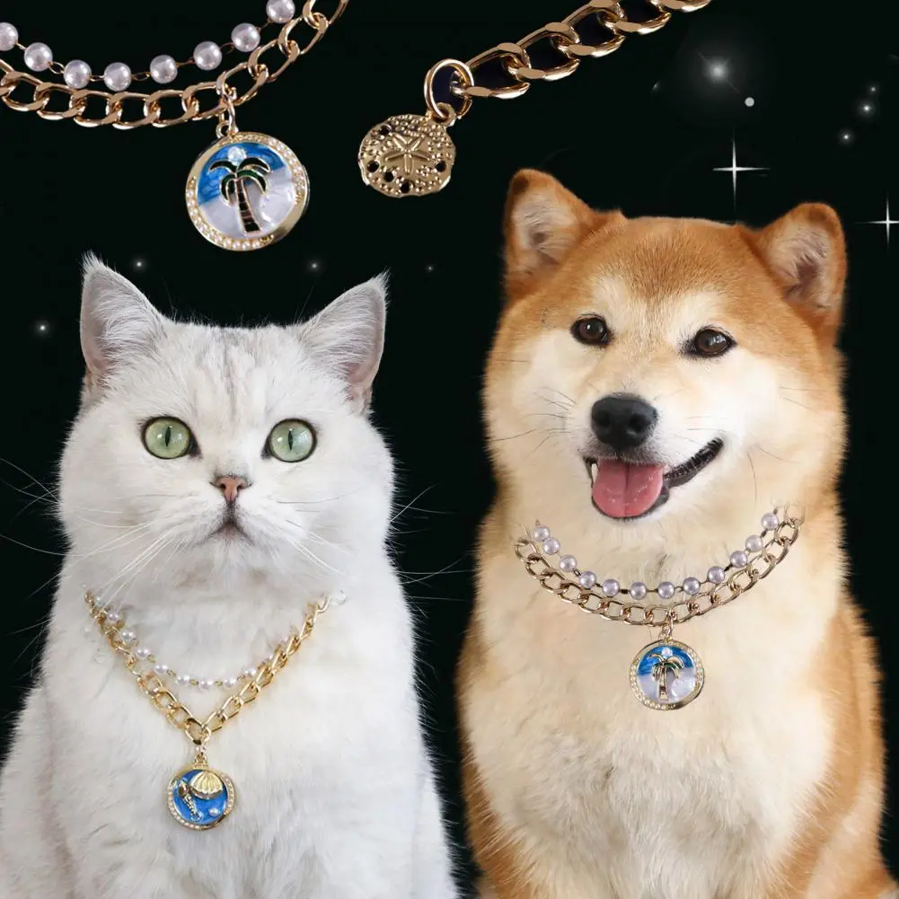 Pet Necklace Eco-friendly Zinc Alloy Ocean Theme Faux Pearl Pet Necklace for Cats Dogs Adjustable Double-layer Cat for Furry