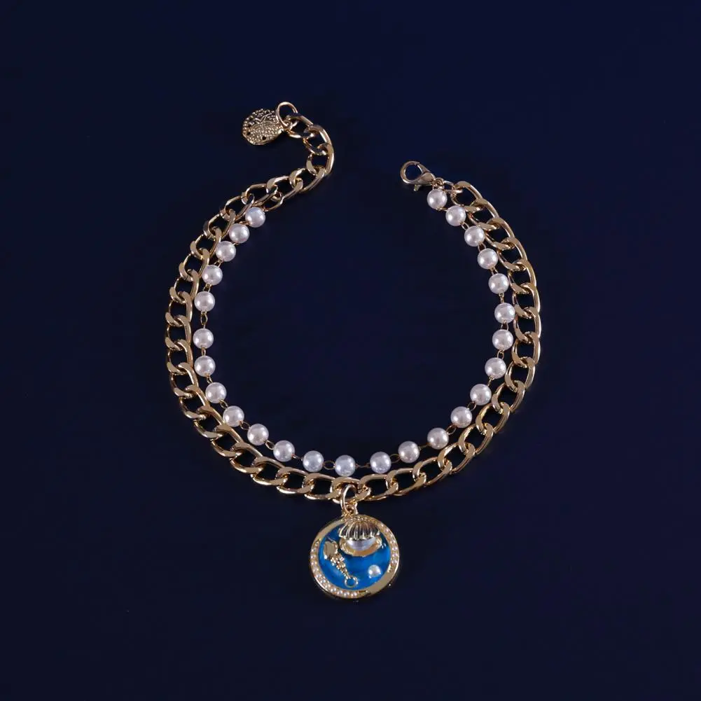 Pet Necklace Eco-friendly Zinc Alloy Ocean Theme Faux Pearl Pet Necklace for Cats Dogs Adjustable Double-layer Cat for Furry