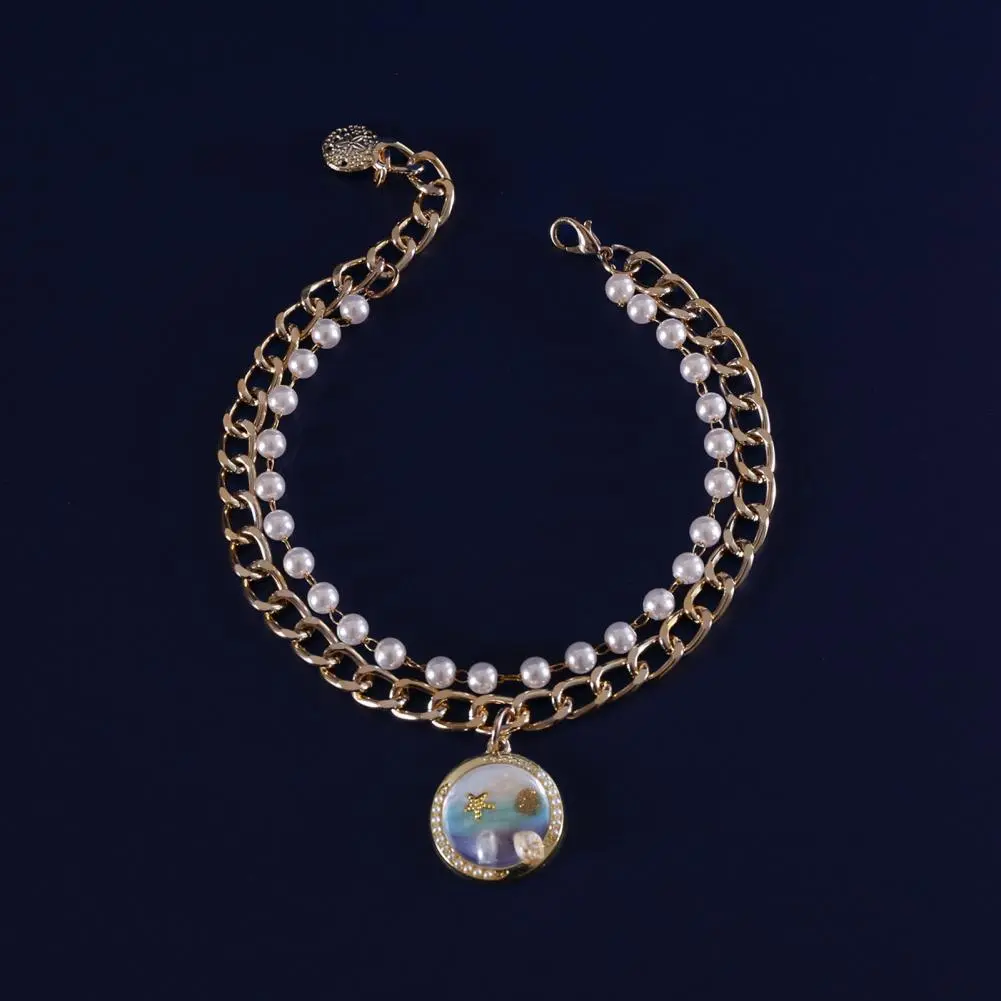 Pet Necklace Eco-friendly Zinc Alloy Ocean Theme Faux Pearl Pet Necklace for Cats Dogs Adjustable Double-layer Cat for Furry