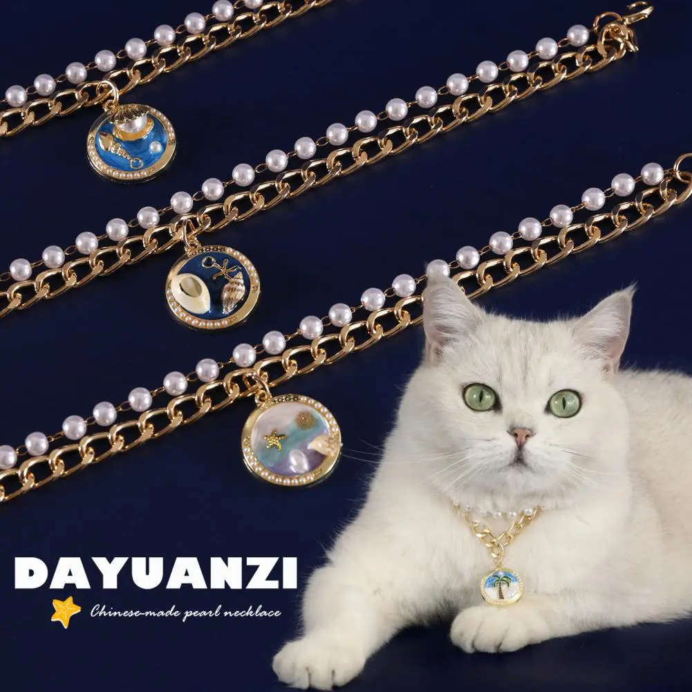 Pet Necklace Eco-friendly Zinc Alloy Ocean Theme Faux Pearl Pet Necklace for Cats Dogs Adjustable Double-layer Cat for Furry