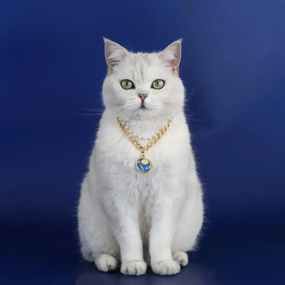 Pet Necklace Eco-friendly Zinc Alloy Ocean Theme Faux Pearl Pet Necklace for Cats Dogs Adjustable Double-layer Cat for Furry