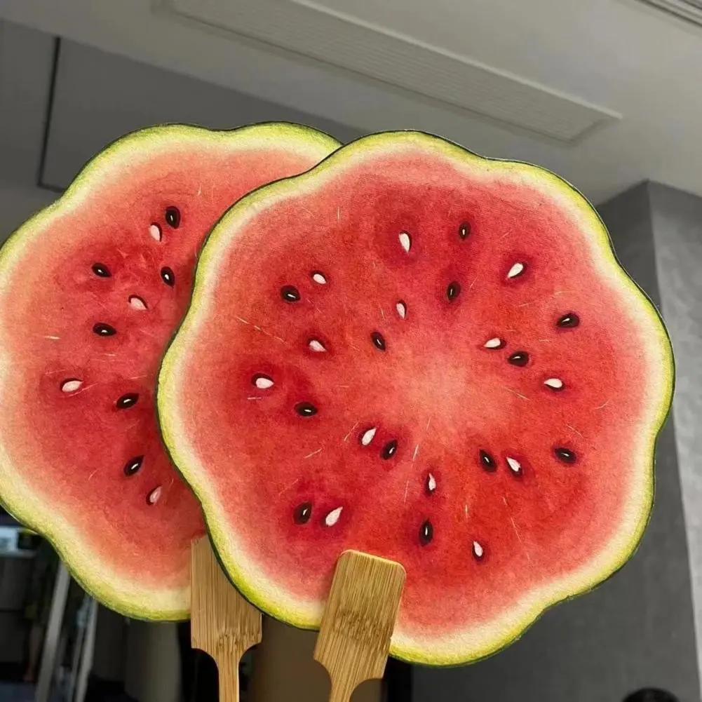 Long Handle Hand Fan Watermelon Orange Print Round Fan with Wooden Handle for Outdoor Travel Camping Lightweight for Summer