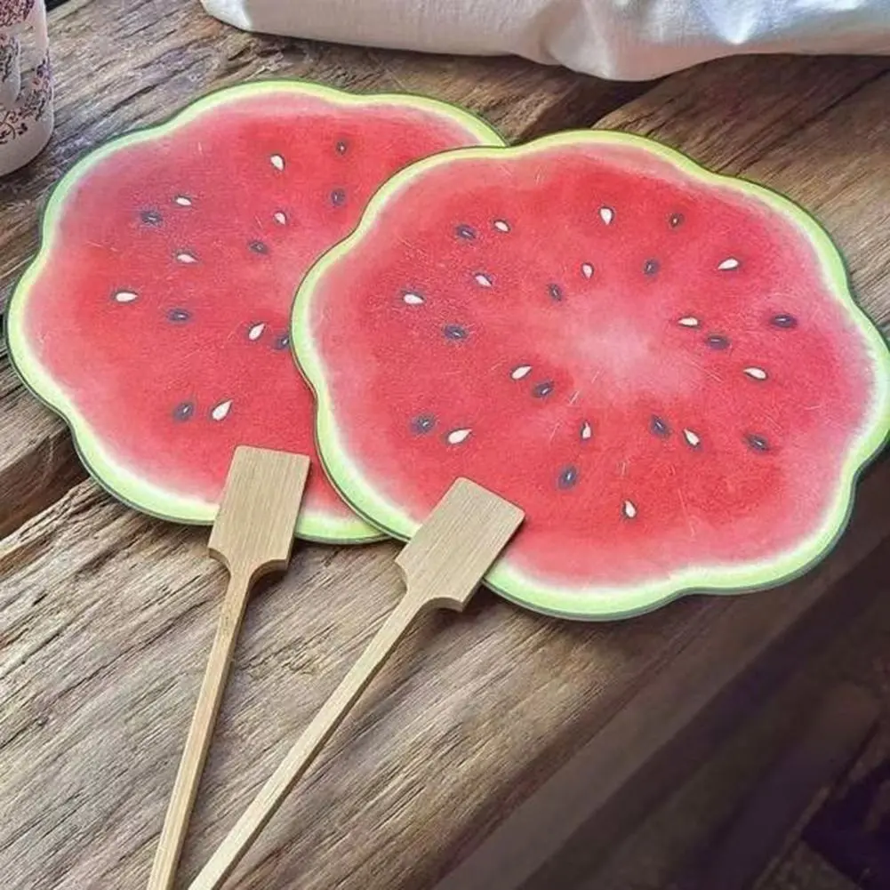 Long Handle Hand Fan Watermelon Orange Print Round Fan with Wooden Handle for Outdoor Travel Camping Lightweight for Summer