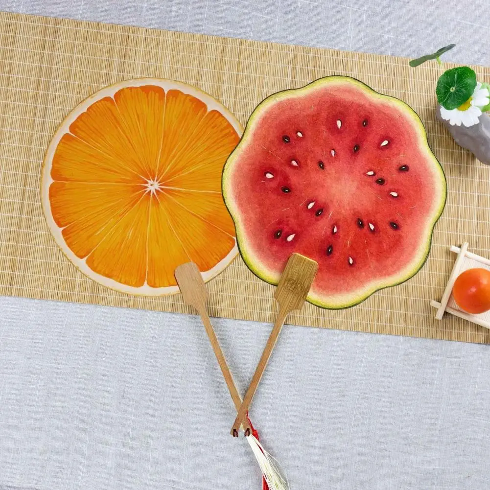 Long Handle Hand Fan Watermelon Orange Print Round Fan with Wooden Handle for Outdoor Travel Camping Lightweight for Summer