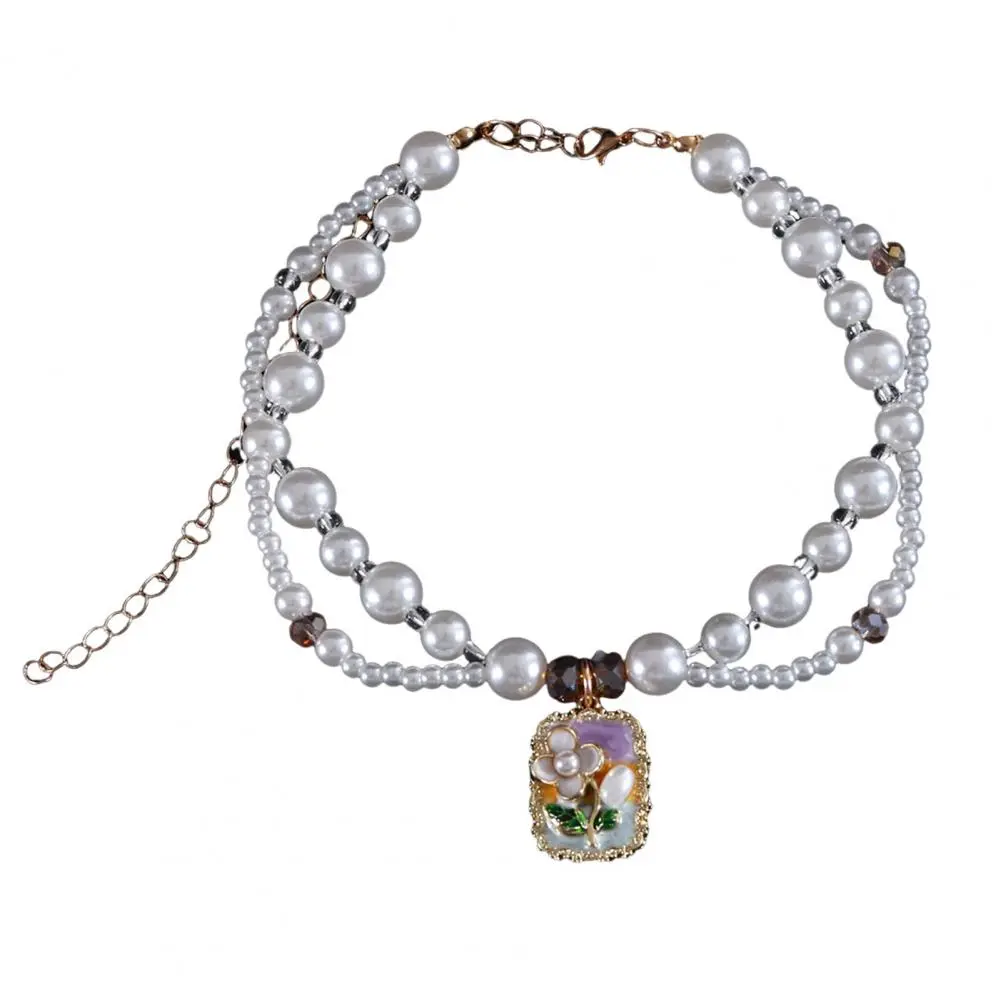Gorgeous Palace-collar for Pets Pet Dress-up Jewelry Faux Pearl Collar with Enamel Pendant for Dogs Cats Double-layer for Puppy
