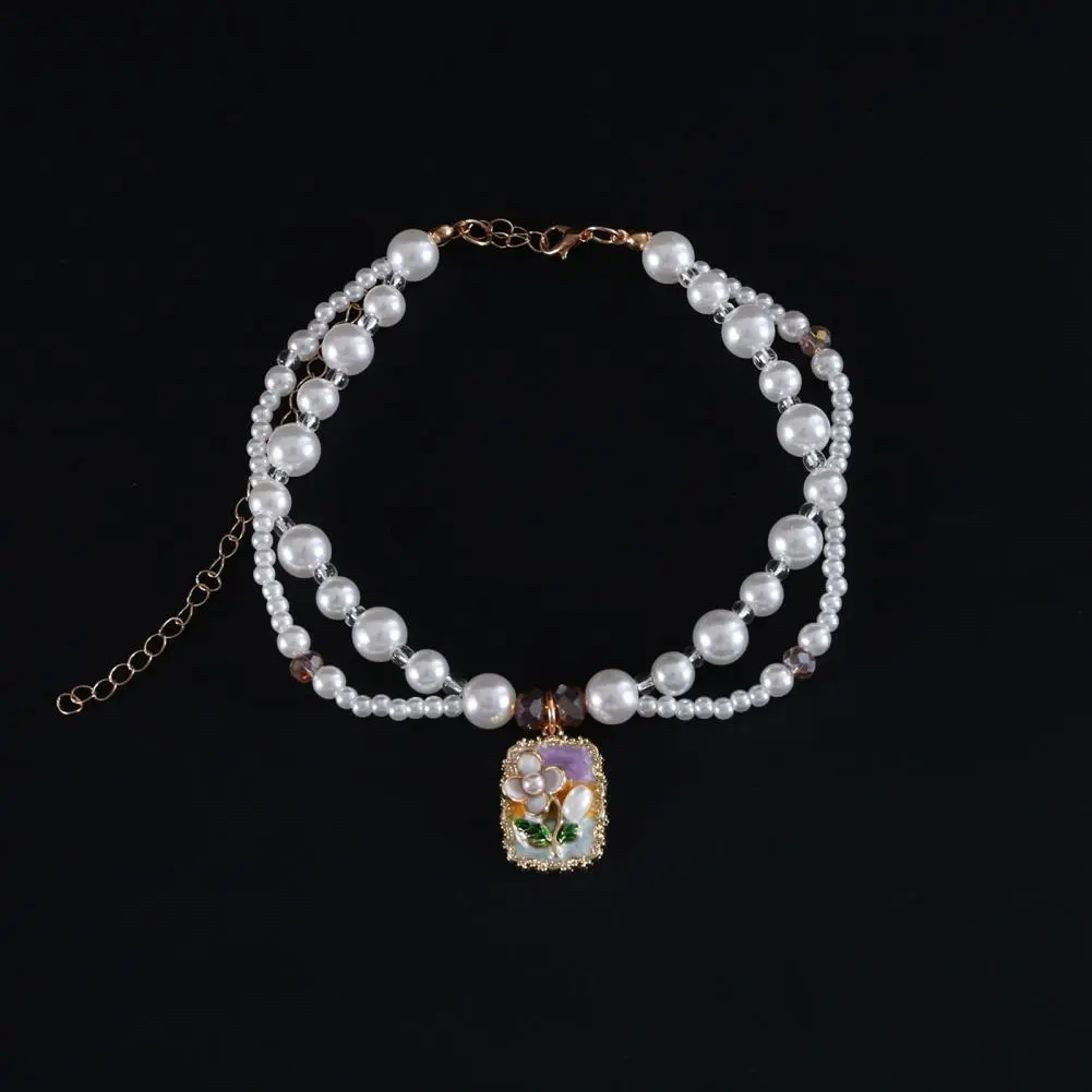 Gorgeous Palace-collar for Pets Pet Dress-up Jewelry Faux Pearl Collar with Enamel Pendant for Dogs Cats Double-layer for Puppy
