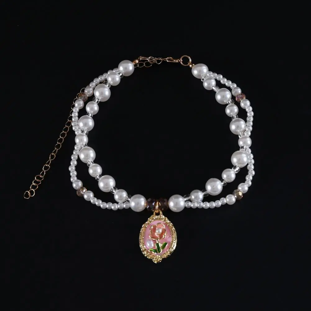 Gorgeous Palace-collar for Pets Pet Dress-up Jewelry Faux Pearl Collar with Enamel Pendant for Dogs Cats Double-layer for Puppy