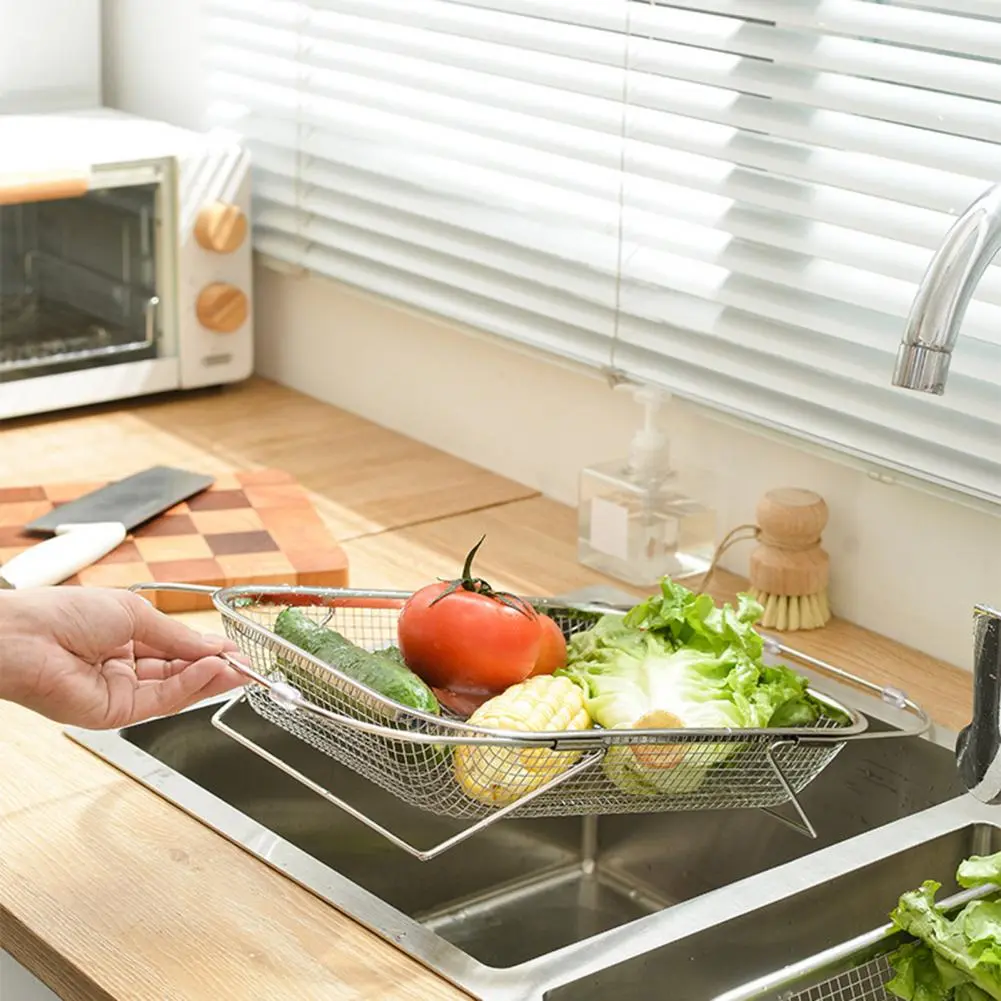 Retractable Handle Dish Drying Rack Expandable Sink Strainer Basket with Retractable Design for Strong Load-bearing for Kitchen
