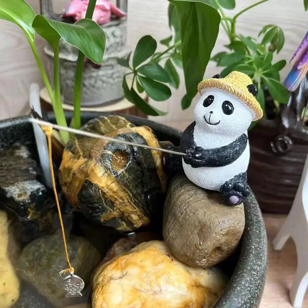 Realistic Panda Figurine for Fish Tank Resin Fishing Frog Panda Figurines for Garden Pond Decoration Mini Pond for Outdoor