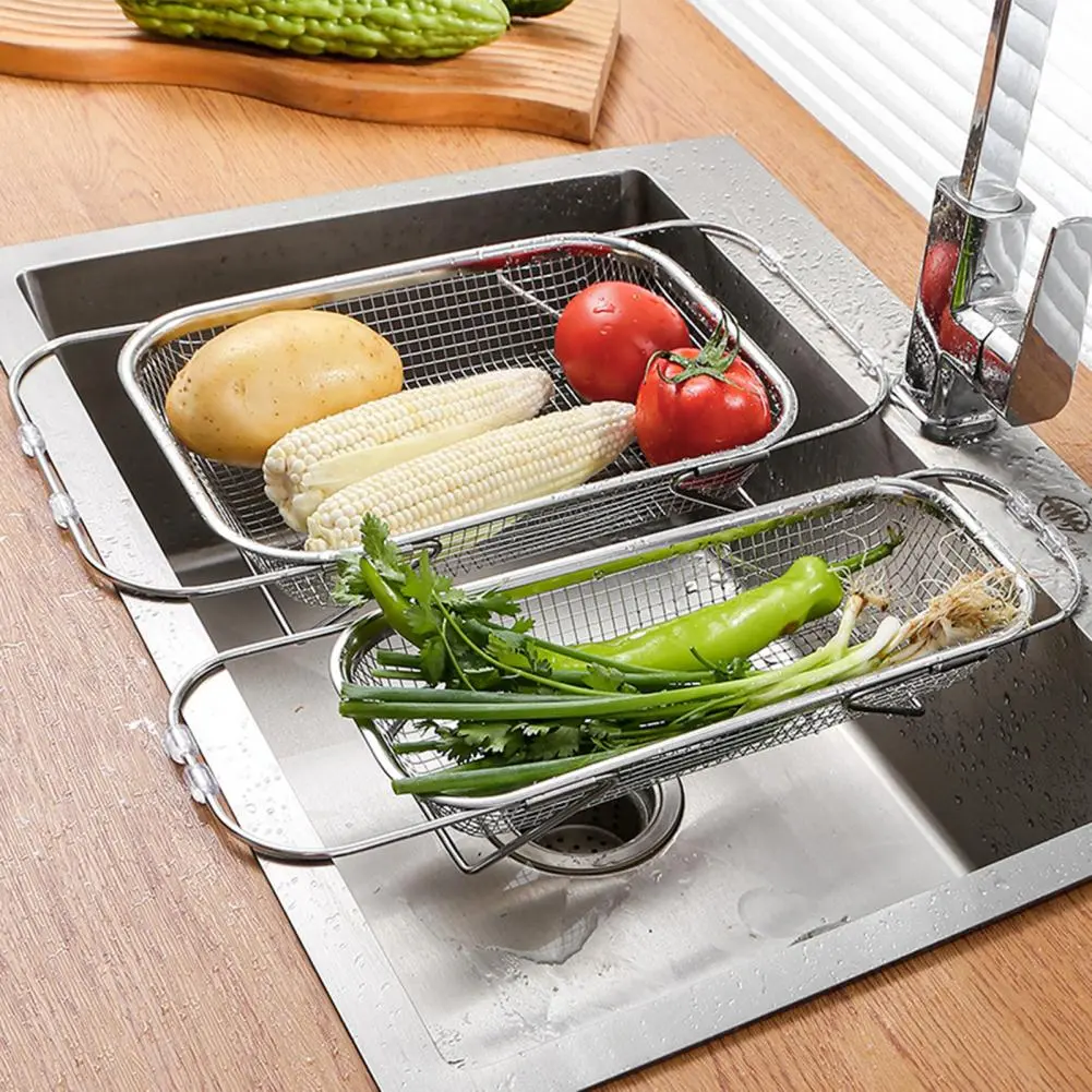 Retractable Handle Dish Drying Rack Expandable Sink Strainer Basket with Retractable Design for Strong Load-bearing for Kitchen