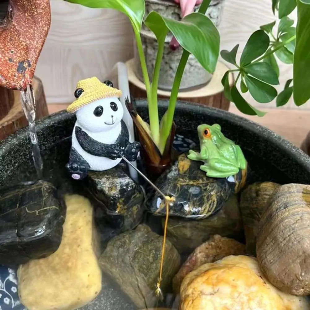 Realistic Panda Figurine for Fish Tank Resin Fishing Frog Panda Figurines for Garden Pond Decoration Mini Pond for Outdoor