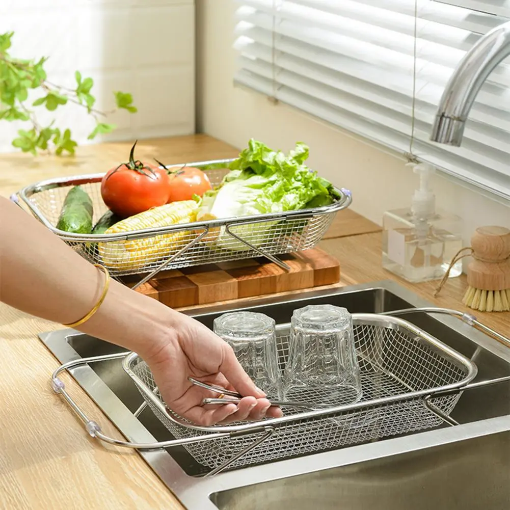 Retractable Handle Dish Drying Rack Expandable Sink Strainer Basket with Retractable Design for Strong Load-bearing for Kitchen