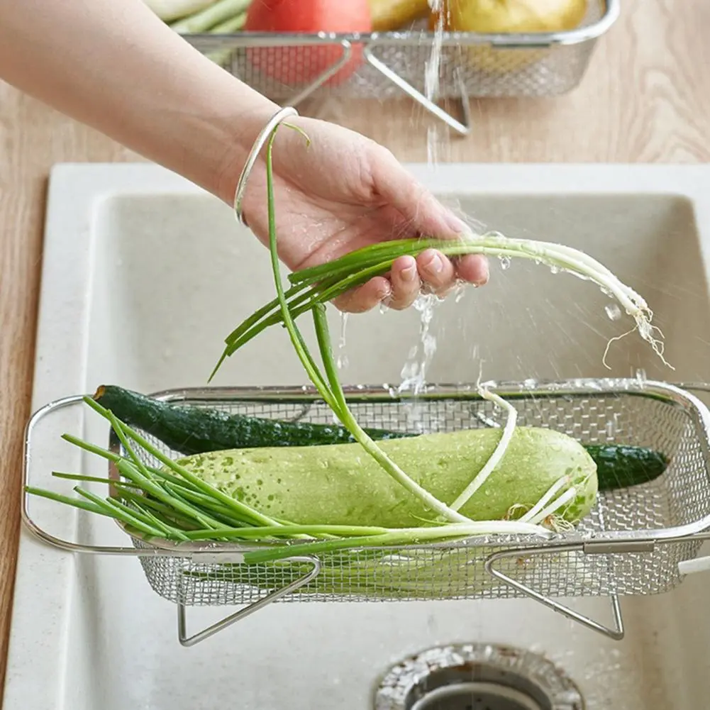 Retractable Handle Dish Drying Rack Expandable Sink Strainer Basket with Retractable Design for Strong Load-bearing for Kitchen