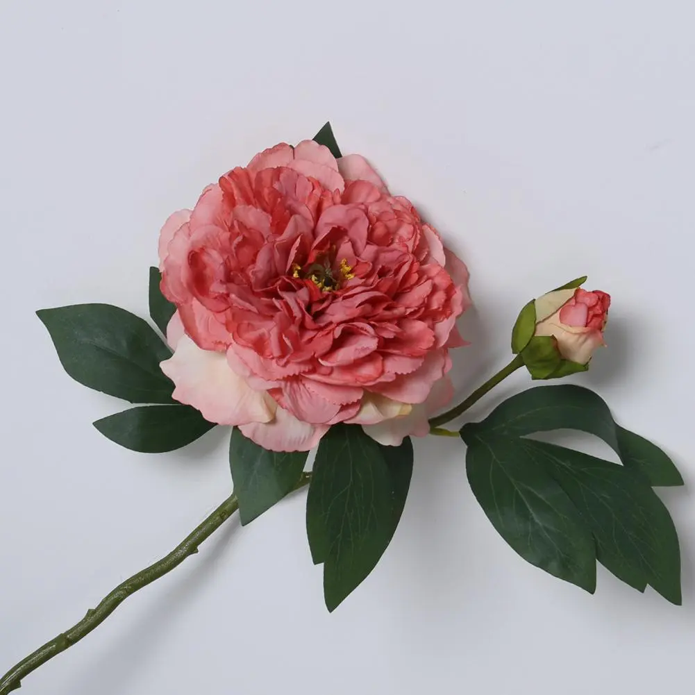 Peony Flower Realistic Artificial Peony with Green Leaves 2 Head Silk Flower for Home Office Decor Indoor Outdoor Faux Bloom