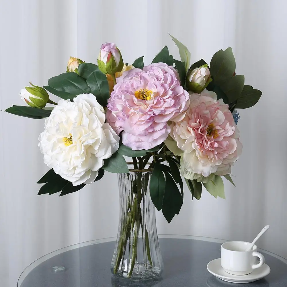 Peony Flower Realistic Artificial Peony with Green Leaves 2 Head Silk Flower for Home Office Decor Indoor Outdoor Faux Bloom