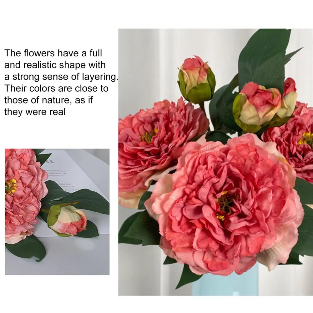 Peony Flower Realistic Artificial Peony with Green Leaves 2 Head Silk Flower for Home Office Decor Indoor Outdoor Faux Bloom