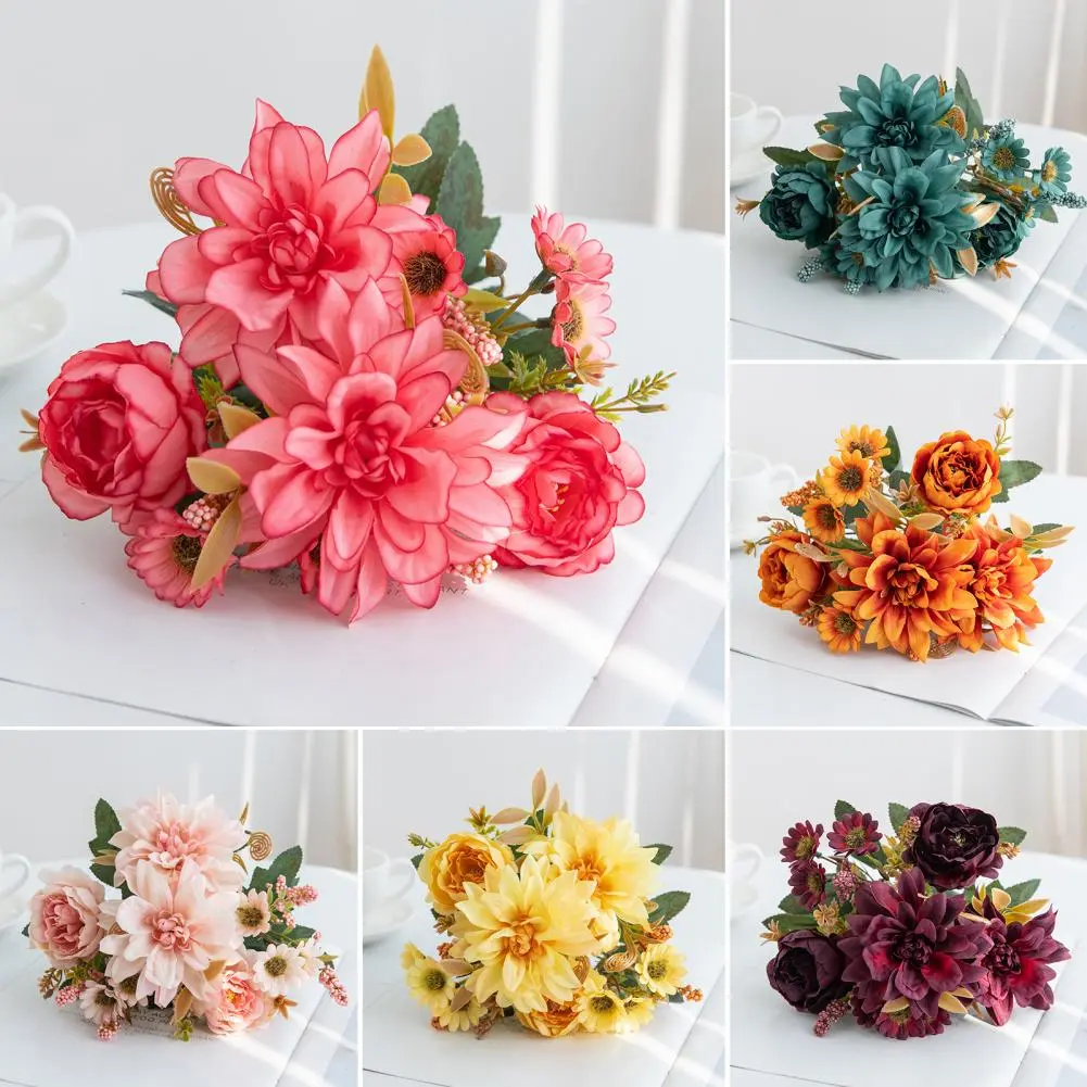 Artificial Dahlia Bouquet Realistic Faux Silk Dahlia Rose Bundle for Home Wedding Decoration Artificial Flowers for Flower