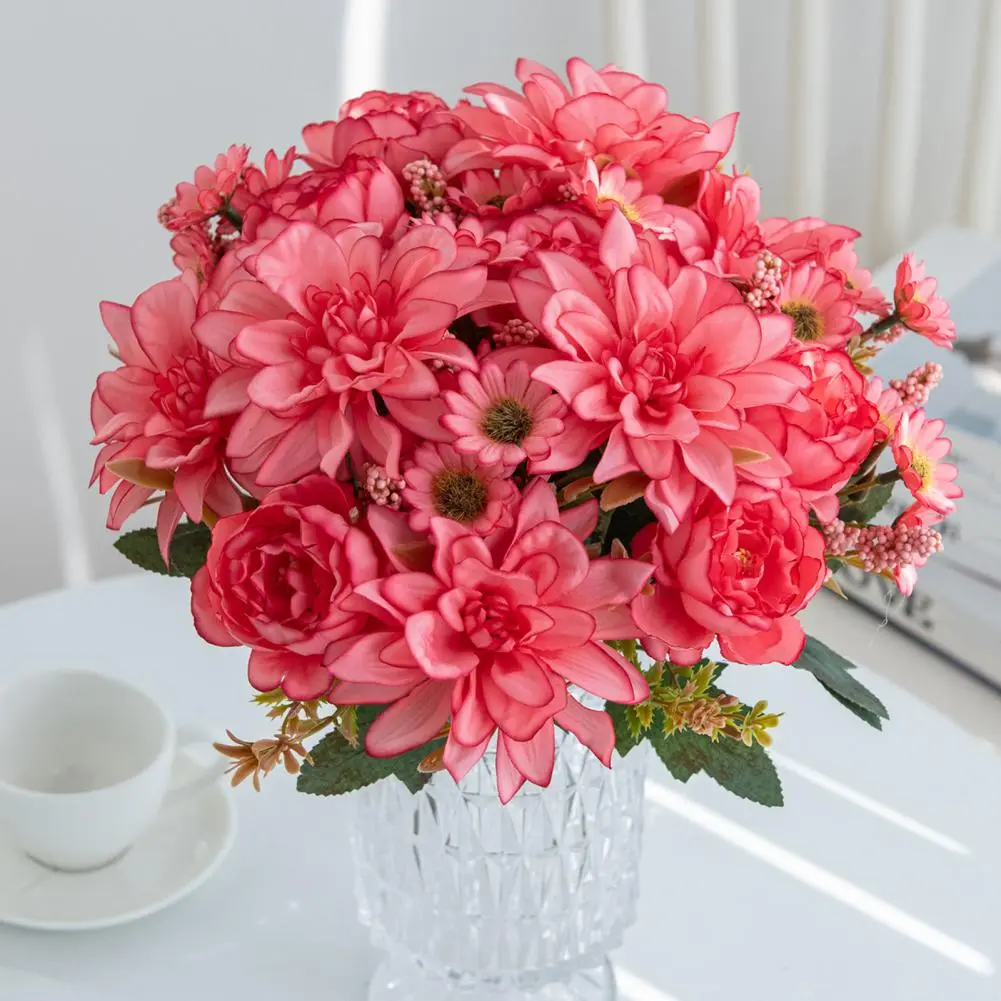 Artificial Dahlia Bouquet Realistic Faux Silk Dahlia Rose Bundle for Home Wedding Decoration Artificial Flowers for Flower
