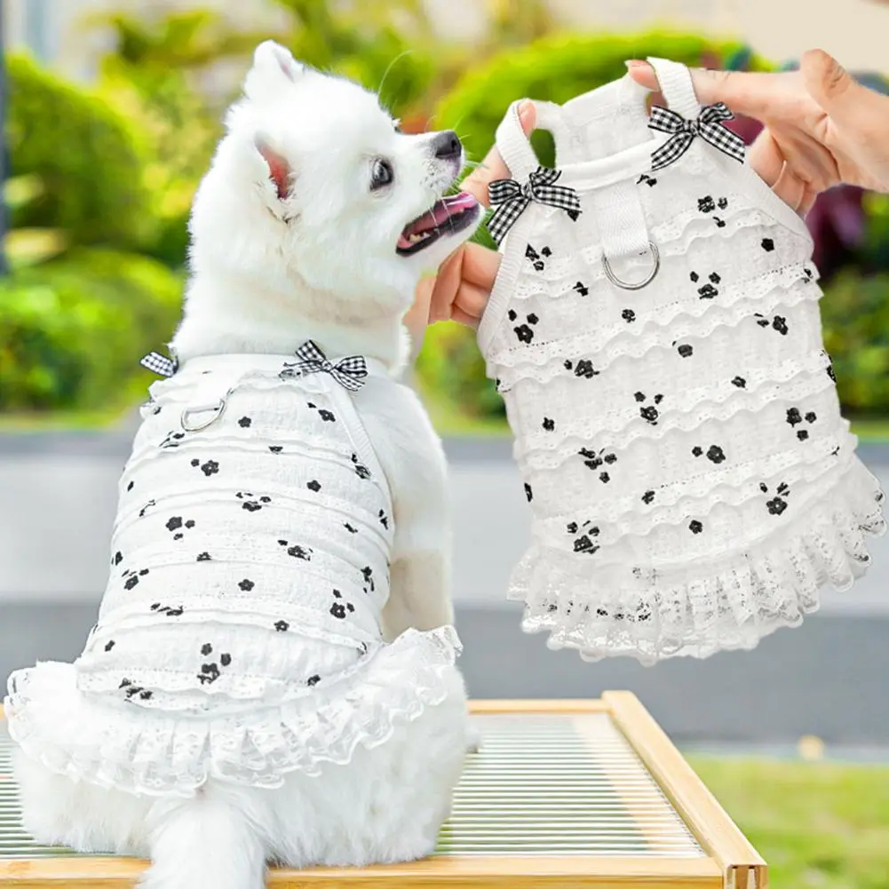 Dog Dress with Elastic Shoulder Straps Summer Princess Ruffle Trim Flower Print Cute Pet for Small