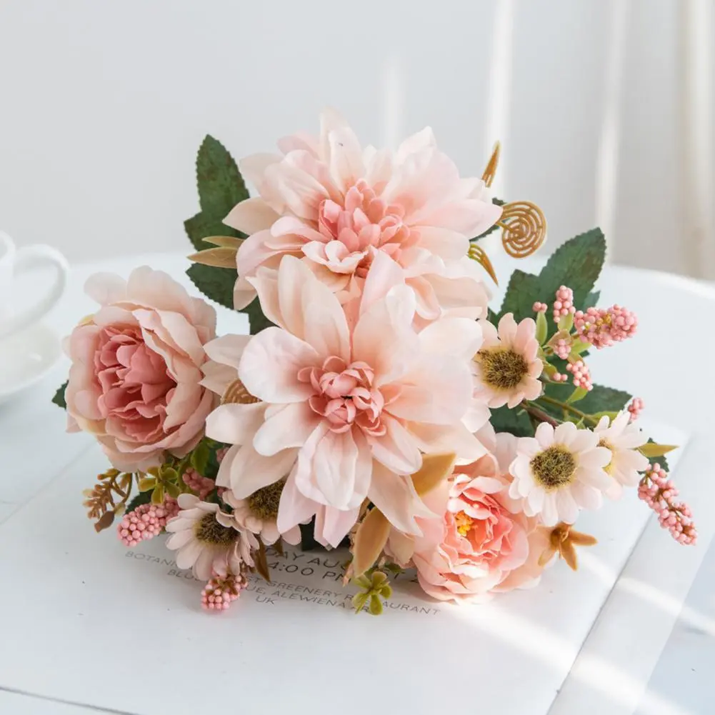 Artificial Dahlia Bouquet Realistic Faux Silk Dahlia Rose Bundle for Home Wedding Decoration Artificial Flowers for Flower