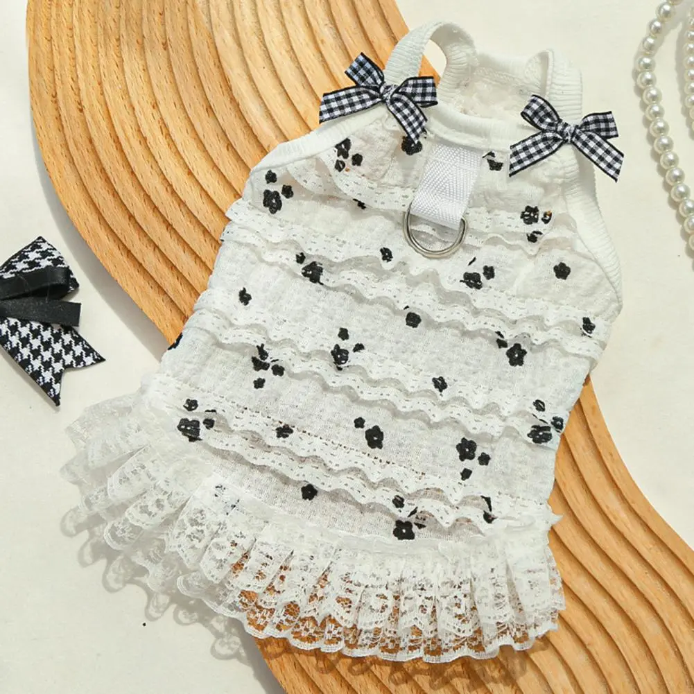 Dog Dress with Elastic Shoulder Straps Summer Princess Ruffle Trim Flower Print Cute Pet for Small