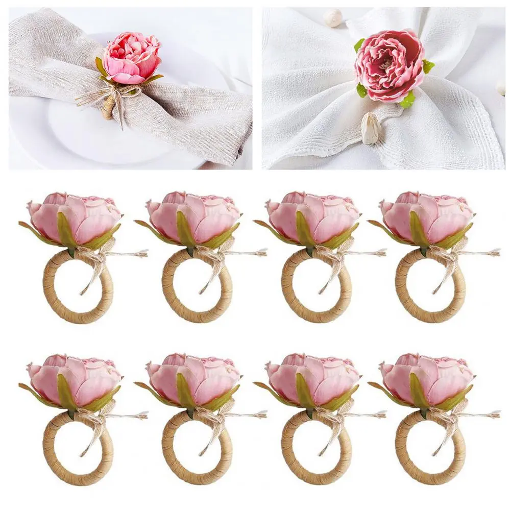 Chic Napkin Ring Holders Handmade Rose Napkin Rings with Bow Tie for Valentine's Day Wedding Parties Rustic Dinner for Dinners