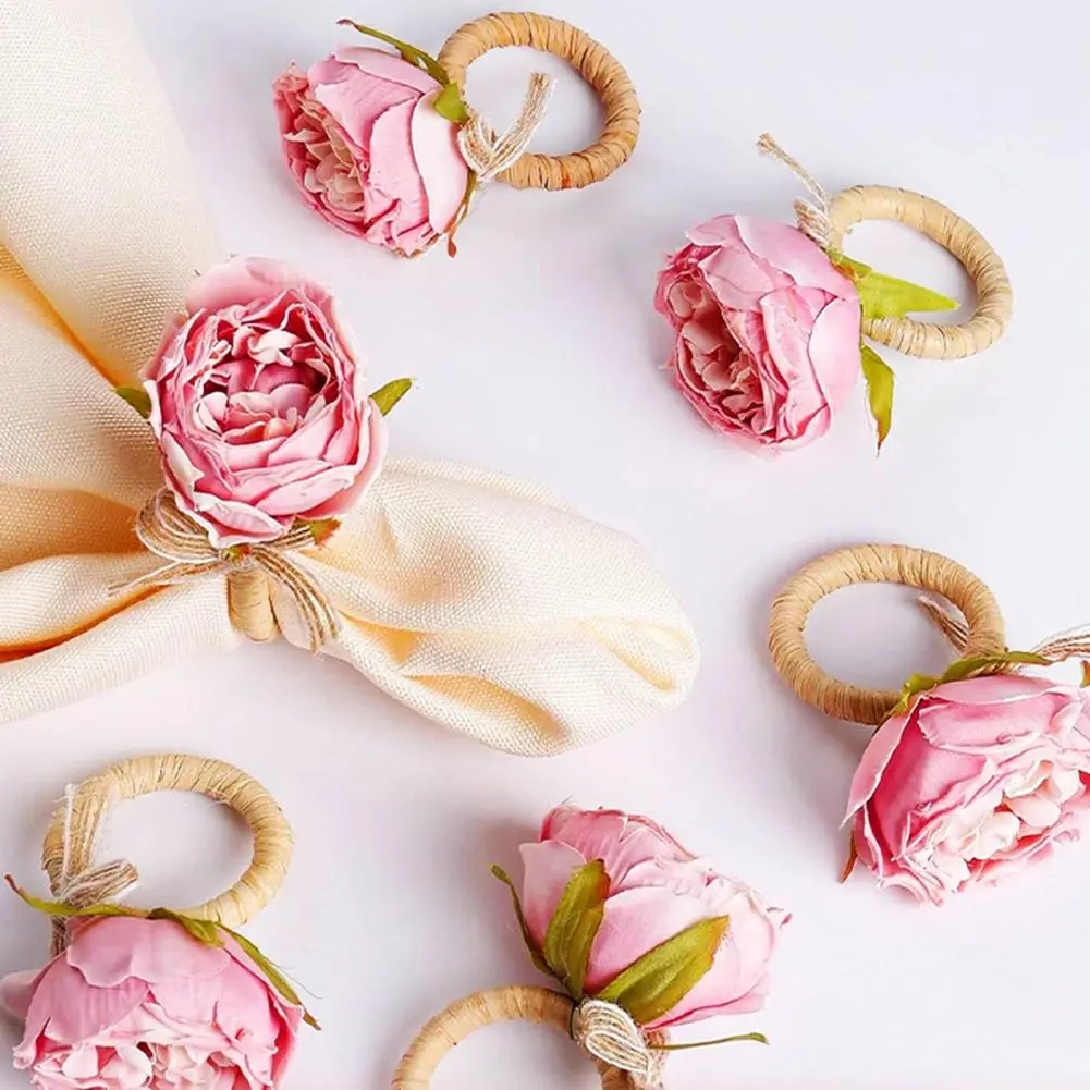 Chic Napkin Ring Holders Handmade Rose Napkin Rings with Bow Tie for Valentine's Day Wedding Parties Rustic Dinner for Dinners