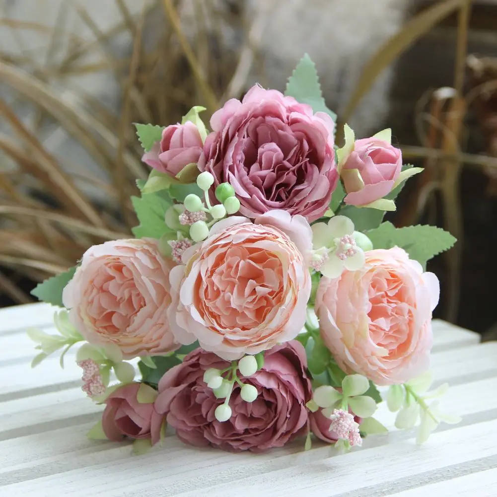 5 Fork Artificial Peony Realistic Artificial Peony Flowers with Green Leaves Set of 2 Silk Blooms for Home Office Party Decor