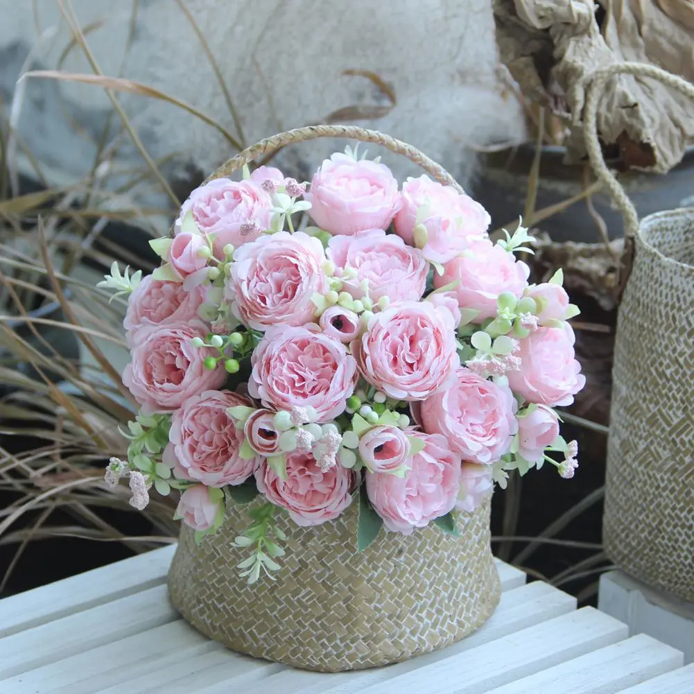5 Fork Artificial Peony Realistic Artificial Peony Flowers with Green Leaves Set of 2 Silk Blooms for Home Office Party Decor